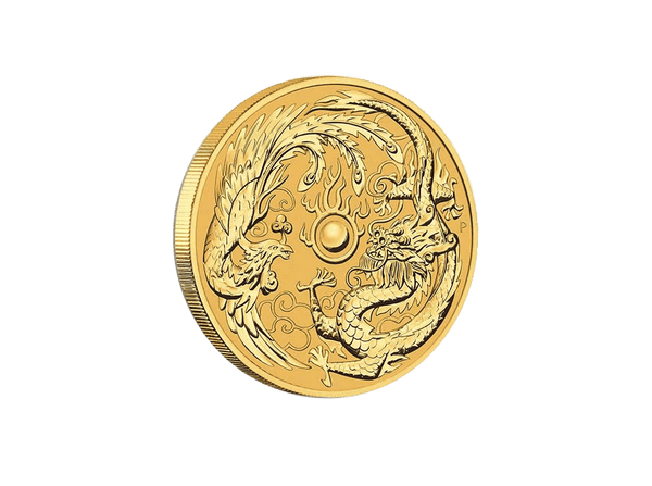 Buy original gold coins Australia 1 oz Dragon and Phoenix 2018 Gold with Bitcoin!