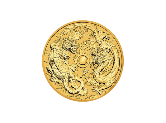 Buy original gold coins Australia 1 oz Dragon and Tiger 2019 Gold with Bitcoin!