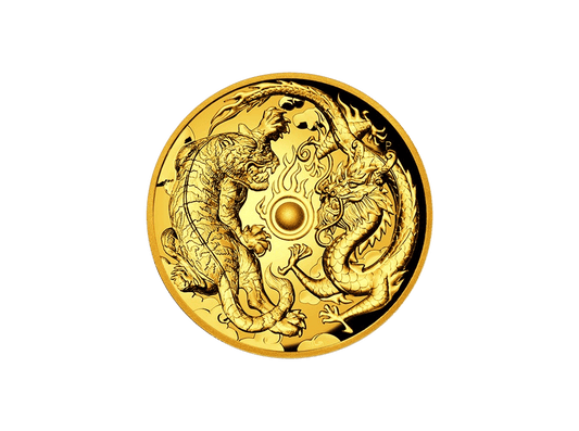 Buy original-gold coins Australia 2 oz Dragon and Tiger 2018 with Bitcoin!