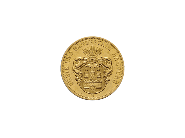 Buy original gold coins Free and Hanseatic City of Hamburg, coat of arms 10 Mark 1873 B with Bitcoin!