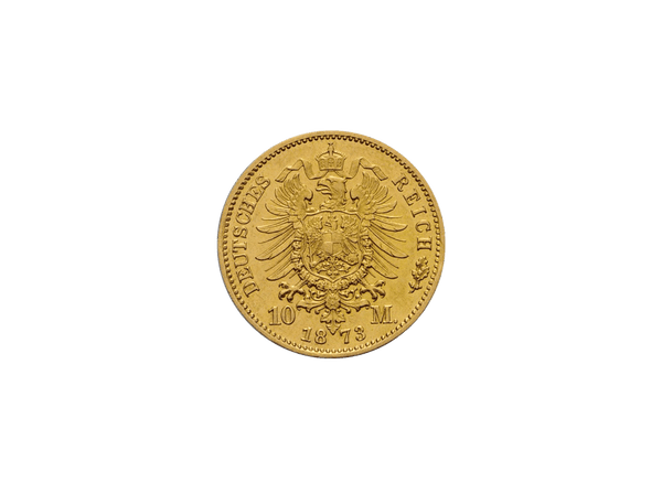 Buy original gold coins Free and Hanseatic City of Hamburg, coat of arms 10 Mark 1873 B with Bitcoin!