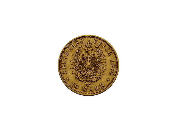 Buy original gold coins Free and Hanseatic City of Hamburg, coat of arms 10 Mark 1874 B with Bitcoin!