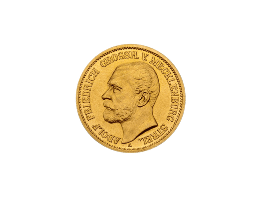 Buy original gold coins Mecklenburg-Strelitz 20 Mark 1905 Adolf Friedrich V German Empire with Bitcoin!